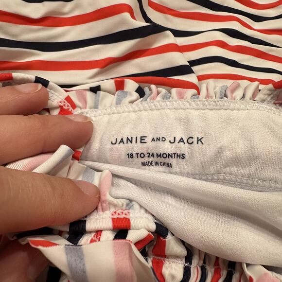 Janie and Jack Red, White, & Blue Stripe Ruffle One Piece Swimsuit - Picture 5 of 8
